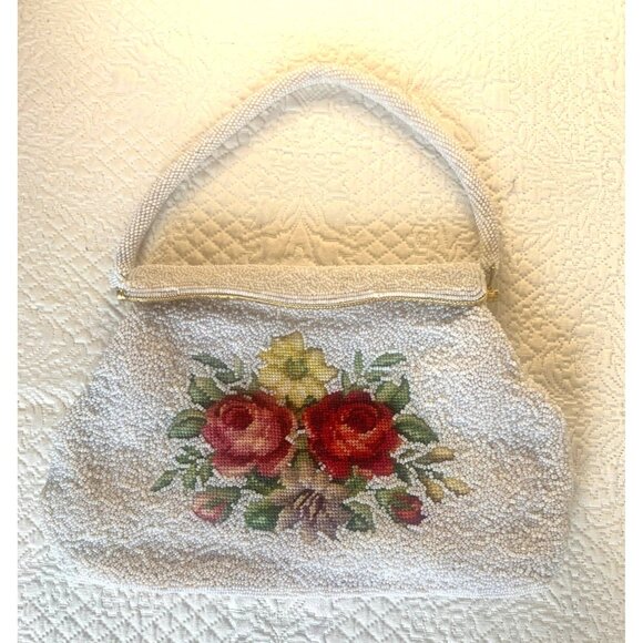Needlepoint Roses Beaded Handbag Magnetic Closure and Inner Pockets - Picture 9 of 12